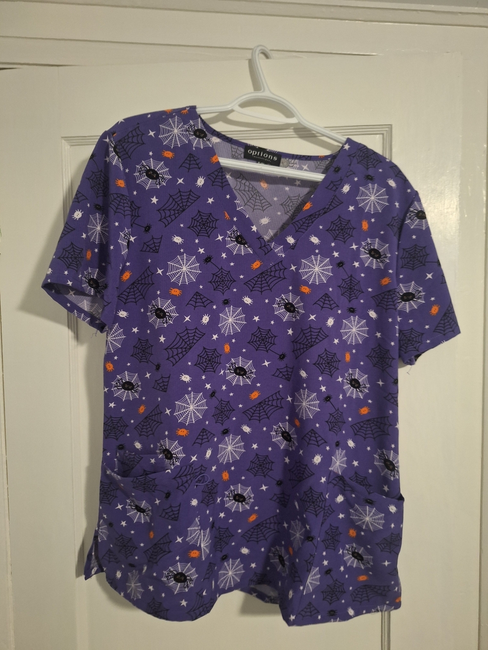 Options Purple Halloween Spiderweb Scrub Top